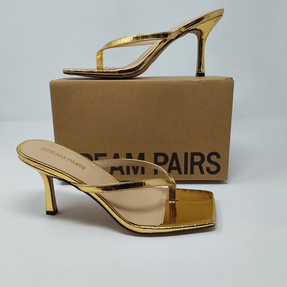 DREAM PAIRS Women's 9.5 Gold Croc Thong Stiletto Heel Sandals Square Toe NIB